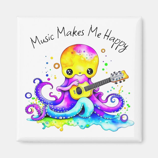 Music Makes Me Happy | Octopus Playing Guitar Magnet (Front)