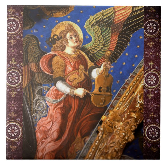 MUSIC MAKING ANGEL WITH A VIELLE Christmas Ceramic Tile (Front)