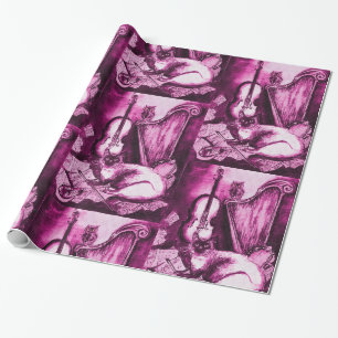 MUSIC MAKING CAT AND OWL ,Purple Pink Wrapping Paper