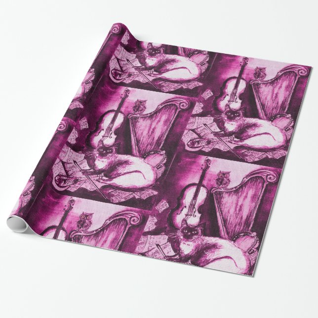 MUSIC MAKING CAT AND OWL ,Purple Pink Wrapping Paper (Unrolled)