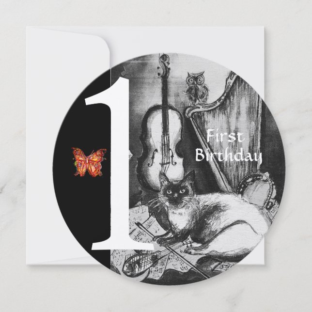 MUSIC MAKING CAT First Birthday Party,Black White Invitation (Front)