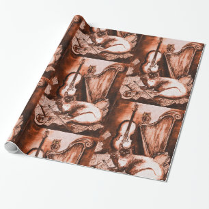 MUSIC MAKING CAT ,OWL,Musical Instruments Brown Wrapping Paper