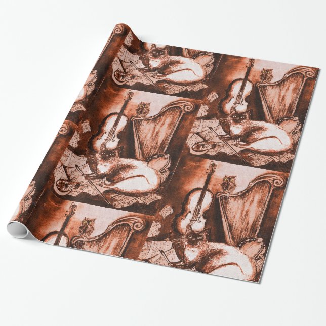MUSIC MAKING CAT ,OWL,Musical Instruments Brown Wrapping Paper (Unrolled)