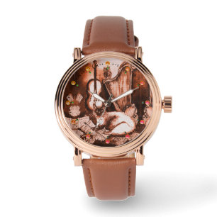 MUSIC MAKING CAT WITH OWL Brown White Watch