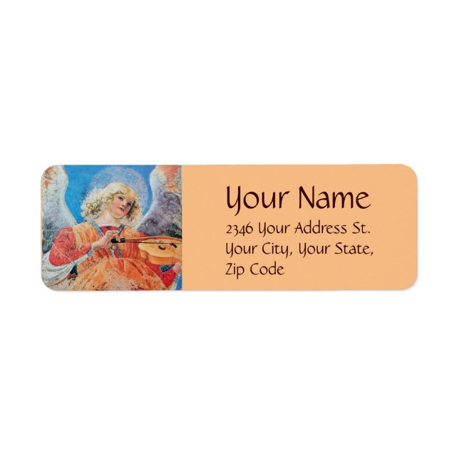 MUSIC MAKING CHRISTMAS ANGEL Blue Peach Return Address Label (Front)