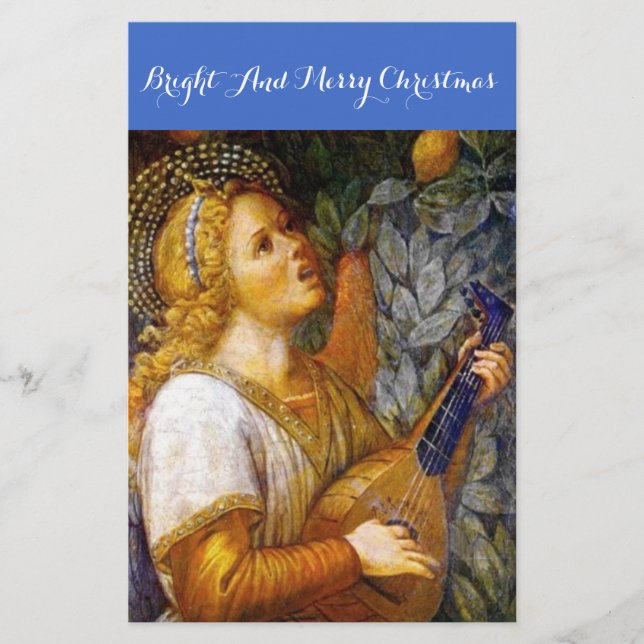 MUSIC MAKING CHRISTMAS ANGEL IN GOLD YELLOW BLUE STATIONERY (Front)