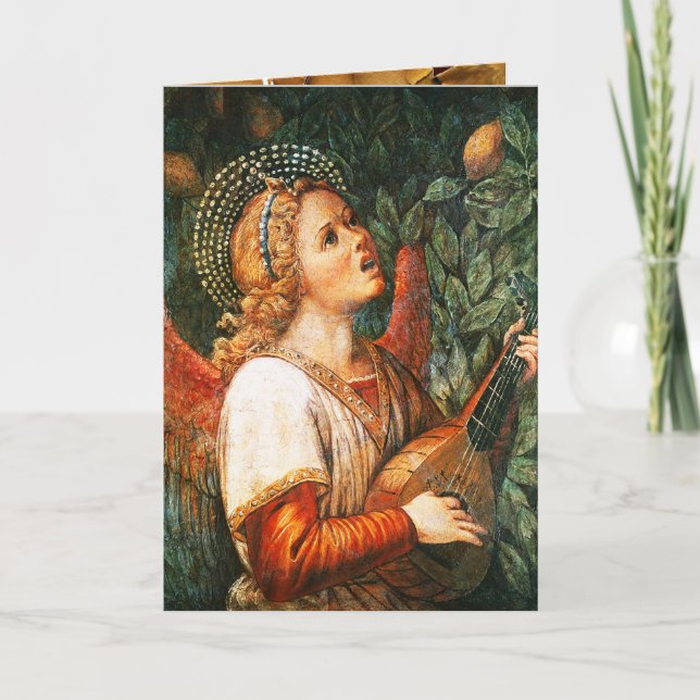 MUSIC MAKING CHRISTMAS ANGEL Mandolin Player Holiday Card (Front)