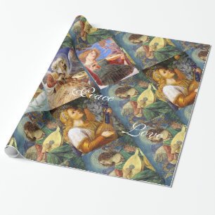 MUSIC MAKING CHRISTMAS ANGELS ,JOY PEACE LOVE WRAPPING PAPER