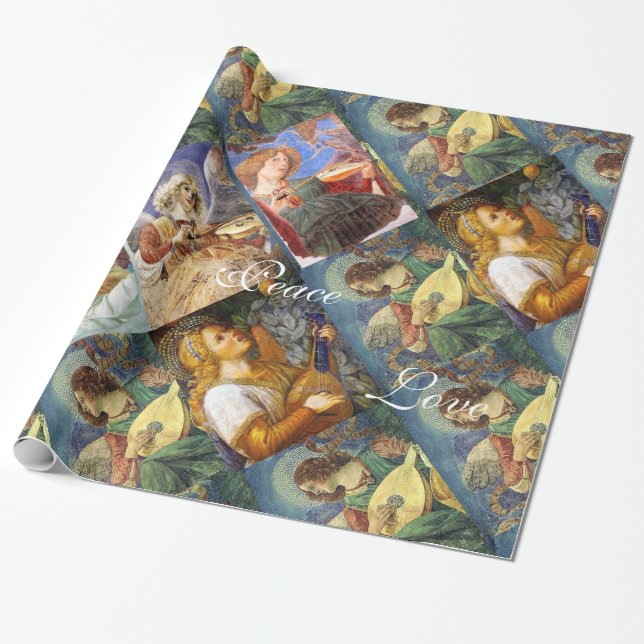 MUSIC MAKING CHRISTMAS ANGELS ,JOY PEACE LOVE WRAPPING PAPER (Unrolled)