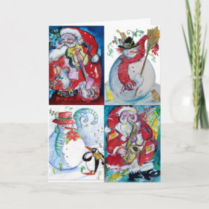 MUSIC MAKING SANTA AND SNOWMAN Funny Christmas Holiday Card