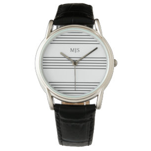 Music Manuscript Lines Elegant Black White Watch