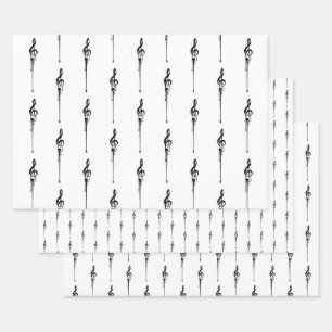 Music Motif Melting Treble Clef Black and White Wrapping Paper Sheet