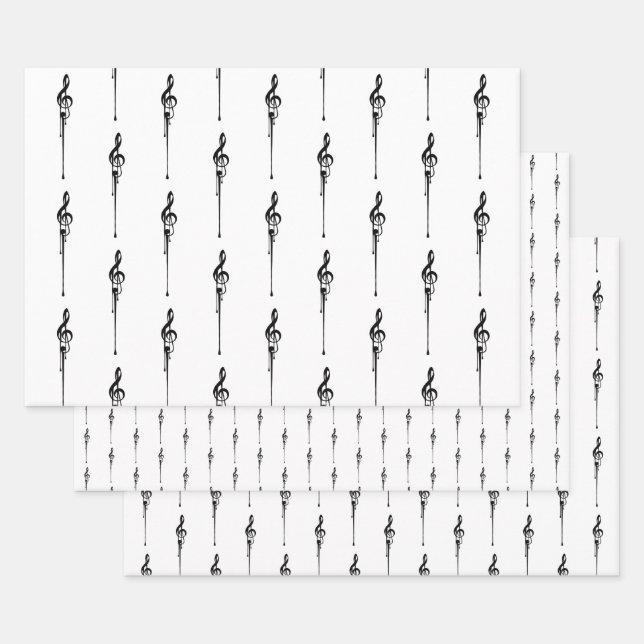 Music Motif Melting Treble Clef Black and White Wrapping Paper Sheet (Set)