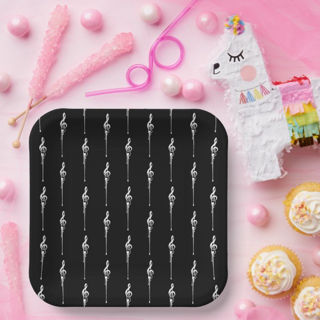 Music Motif Melting Treble Clef White and Black Paper Plate (Party)