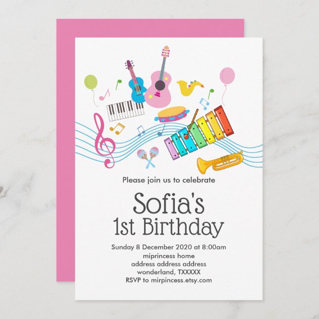 music, musical instruments drum kids singing invitation (Front/Back)