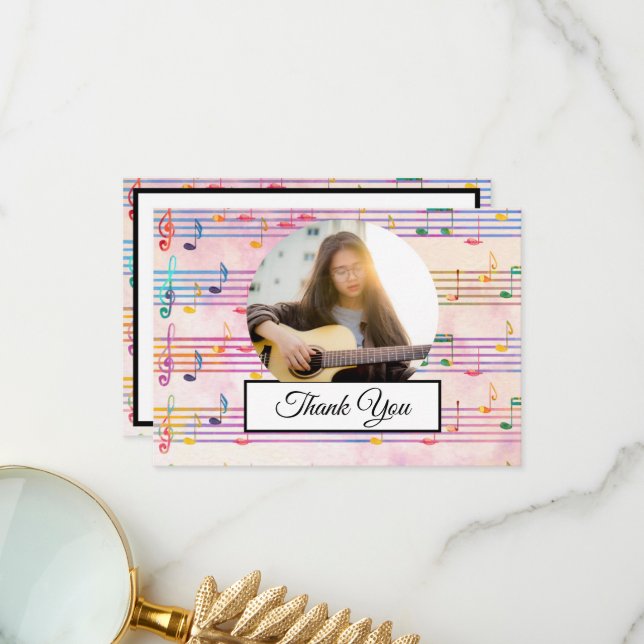 Music Note Colourful Pattern Theme Musician Photo Thank You Card (Front/Back In Situ)