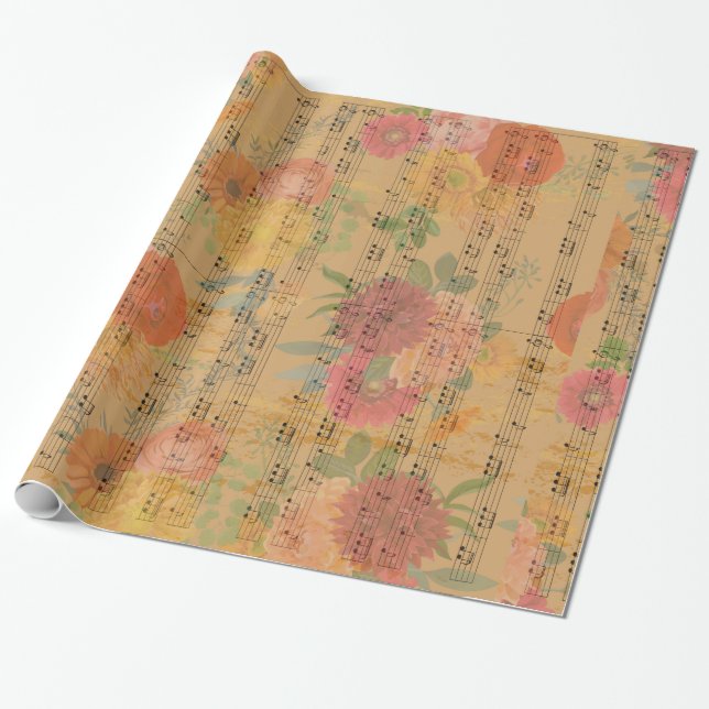 Music Note & Flowers Vintage Wallpaper Wrapping Paper (Unrolled)