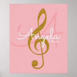 music note (golden treble clef), monogram poster