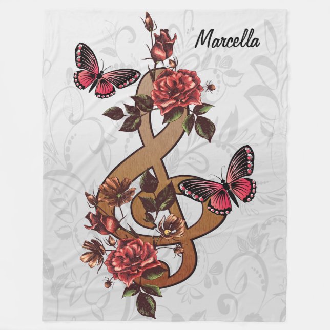 Music Note Roses and Butterflies Fleece Blanket (Front)