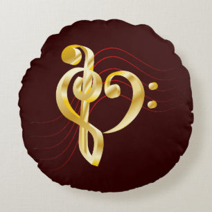 Music note stave and heart violin and bass clef round cushion
