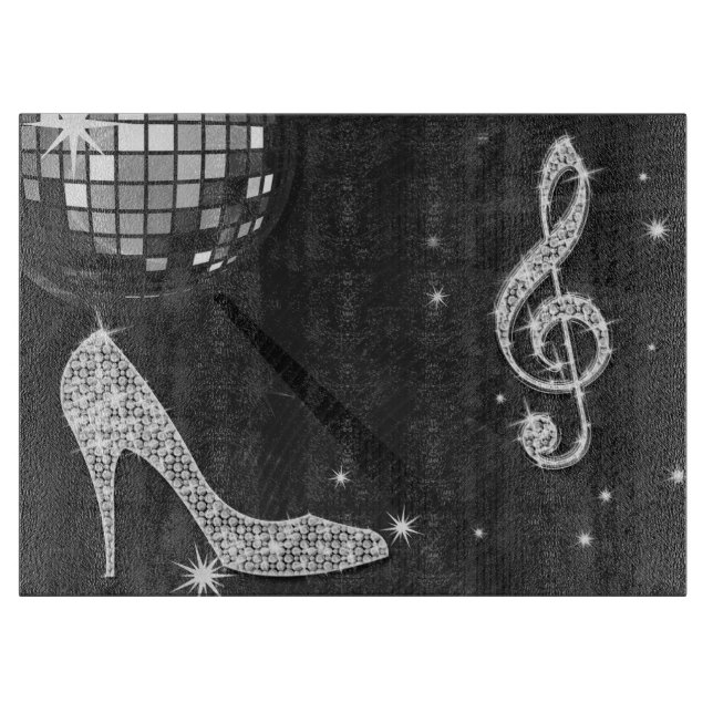 Music Note & Stiletto Heel, Disco Ball Cutting Board (Front)