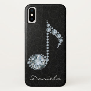 Music Note White Diamonds On Black Damask iPhone X Case
