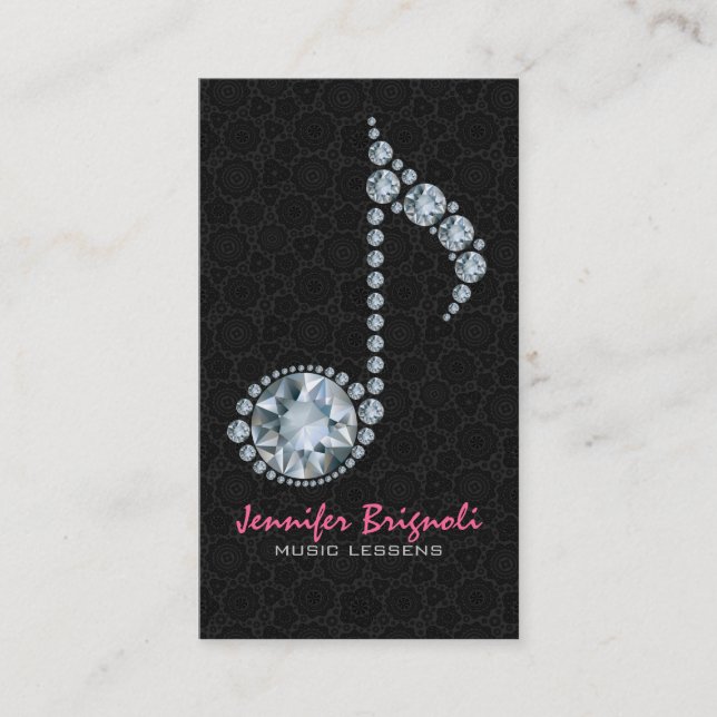 Music Note White Diamonds Over Black Business Card (Front)
