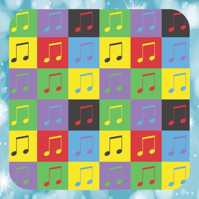 Music Notes 8th Pop Art Pattern Square Sticker (A cute sticker with a pop art pattern of 8th music notes.)