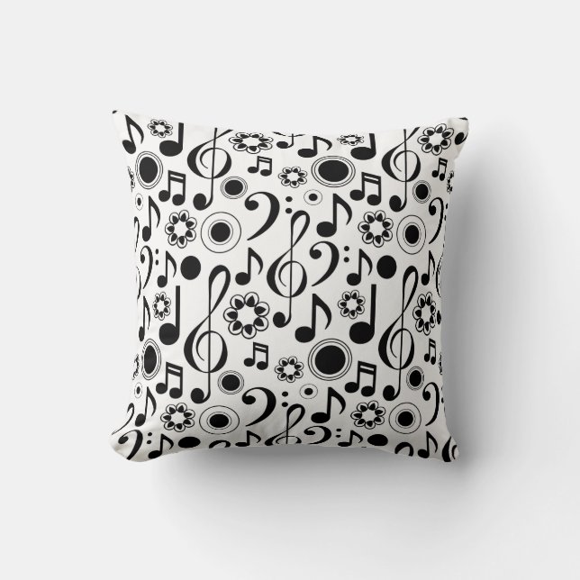 Music Notes and Clefs Black & White Cushion (Front)