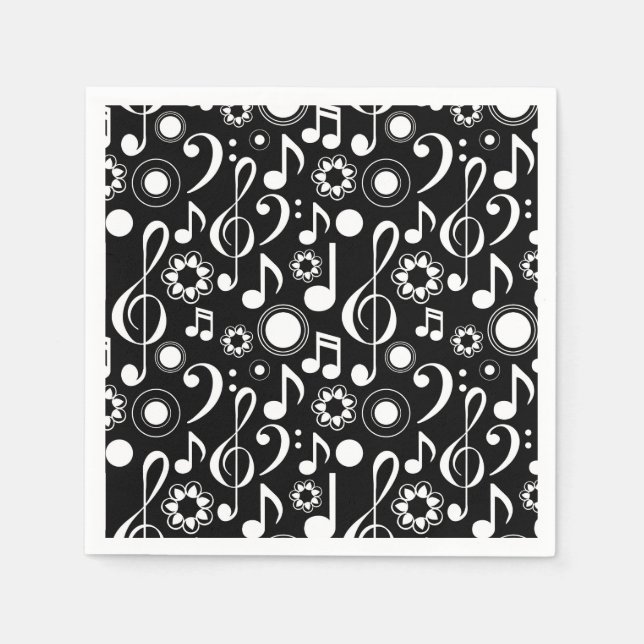 Music Notes and Clefs - White on Black Napkin (Front)