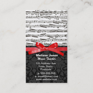 Music notes and faux red ribbon business card