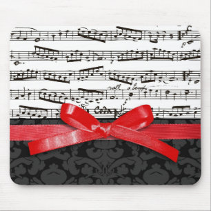 Music notes and faux red ribbon mouse pad