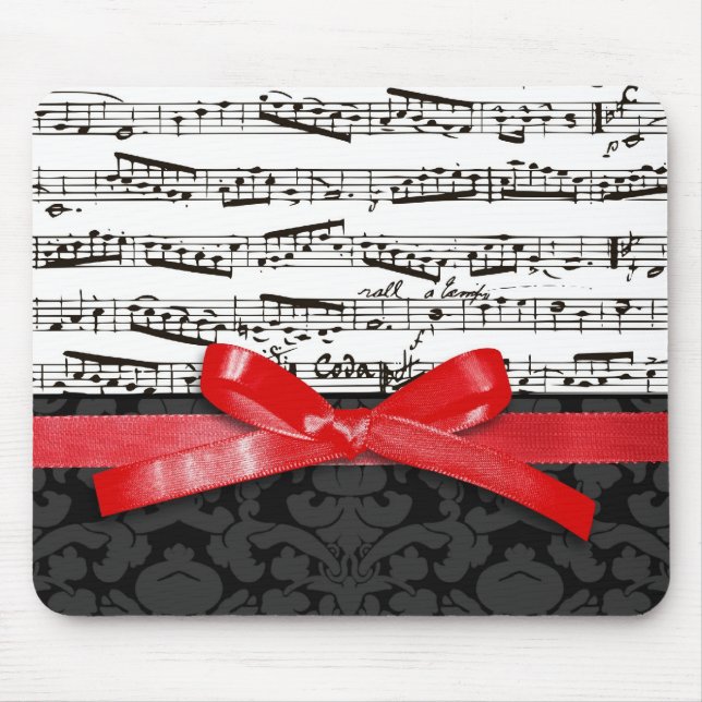 Music notes and faux red ribbon mouse pad (Front)