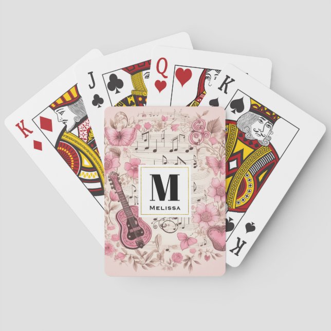 Music Notes and Flowers Elegant Retro Monogram Playing Cards (Back)