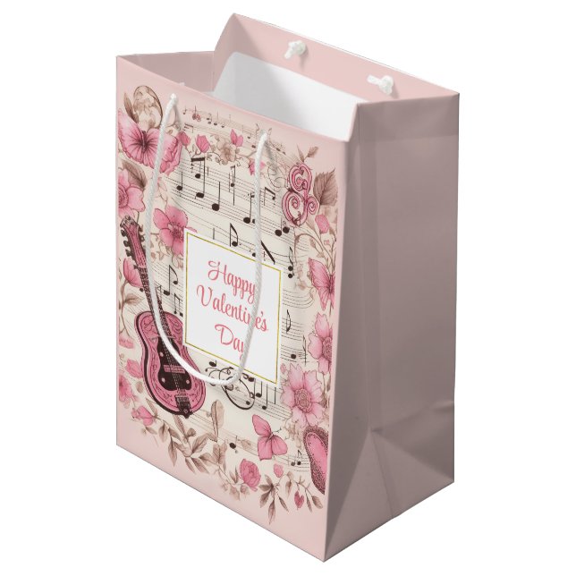 Music Notes and Flowers Elegant Valentine's Day Medium Gift Bag (Front Angled)