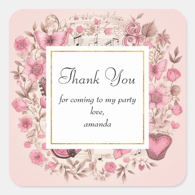 Music Notes and Flowers Retro Party Thank You Square Sticker (Front)