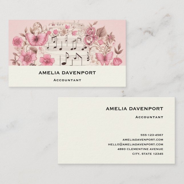 Music Notes and Flowers Retro Style Business Card (Front/Back)
