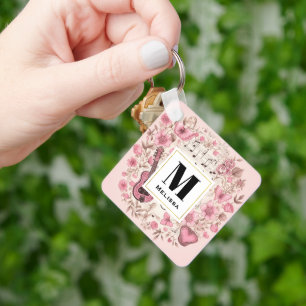 Music Notes and Flowers Retro Style Monogram Key Ring