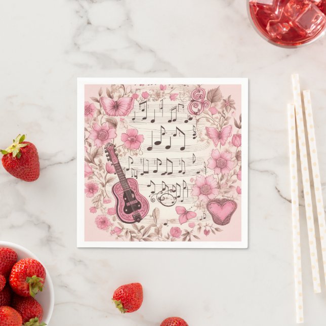 Music Notes and Flowers Retro Style Napkin (Insitu)