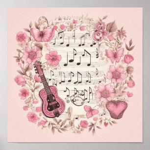 Music Notes and Flowers Retro Style Poster