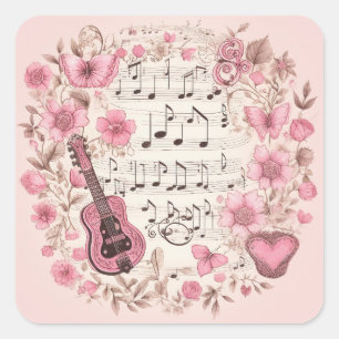 Music Notes and Flowers Retro Style Square Sticker