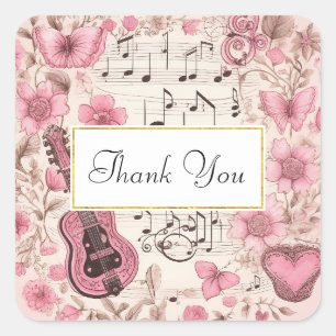 Music Notes and Flowers Retro Style Thank You Square Sticker