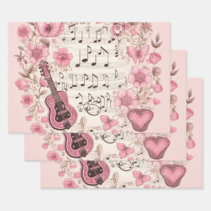 Music Notes and Flowers Retro Style Wrapping Paper Sheet