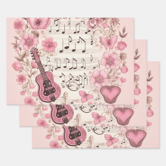 Music Notes and Flowers Retro Style Wrapping Paper Sheet (Set)