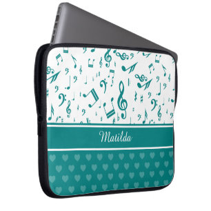 Music Notes and Hearts Pattern Teal and White Laptop Sleeve