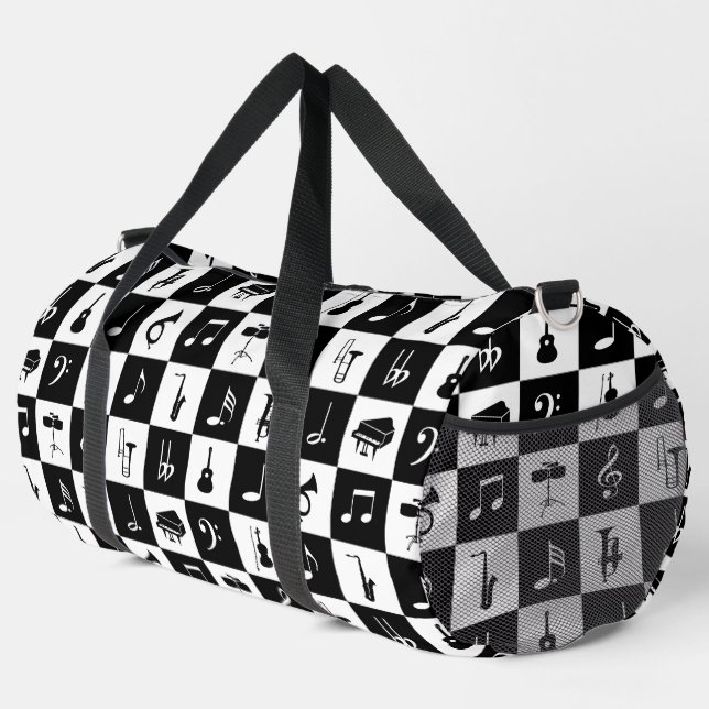 Music Notes and Instruments on squares Duffle Bag (Right Corner)