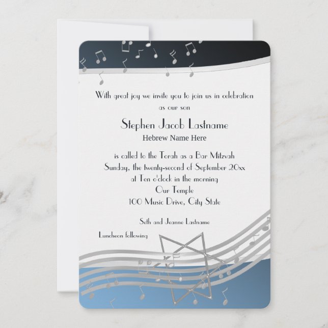 Music Notes Bar Mitzvah Silver and Blue Invitation (Front)