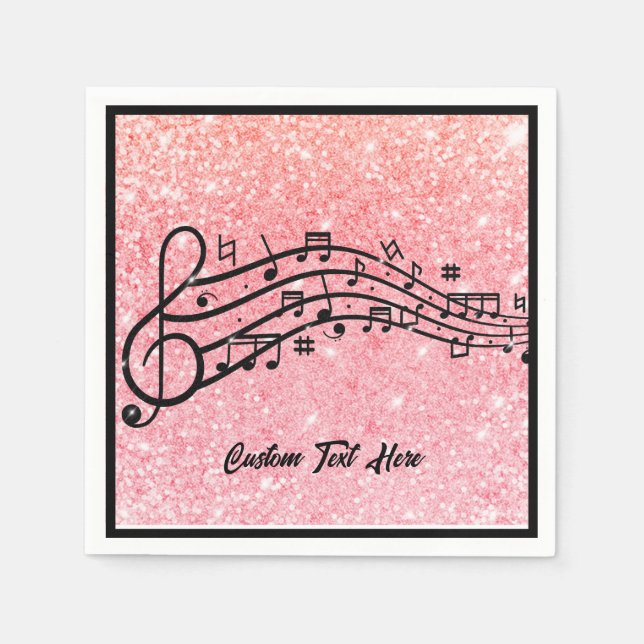 Music Notes Black Pink Glitter Sparkle Personalise Napkin (Front)