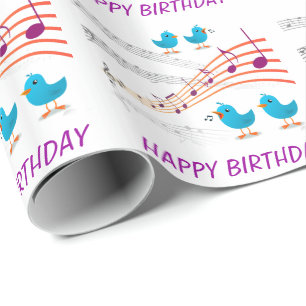 Music Notes Blue Birds Happy Birthday Colourful Fu Wrapping Paper