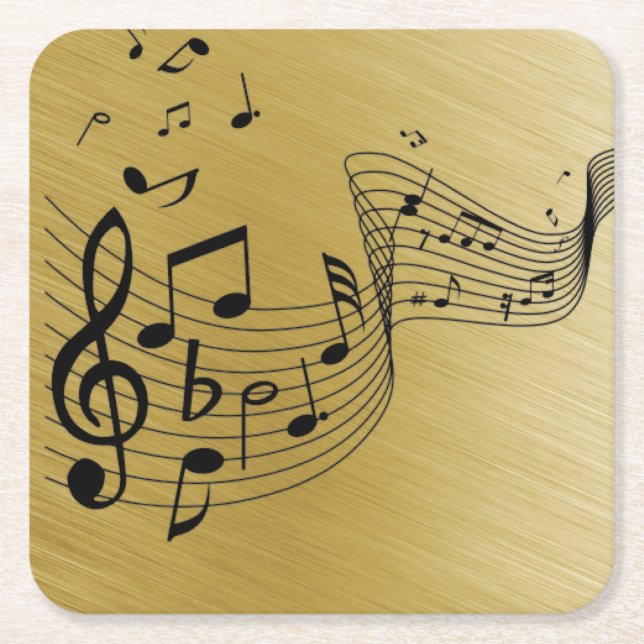 Music Notes Brushed Gold  Square Paper Coaster (Front)